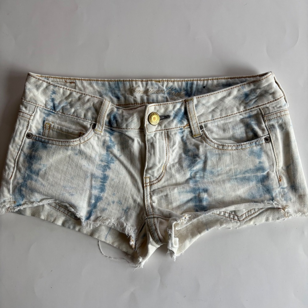 American Eagle 4 Micro-Mini Tie Dye Acid Wash Denim Cutoff Shorts Blue White Y2K